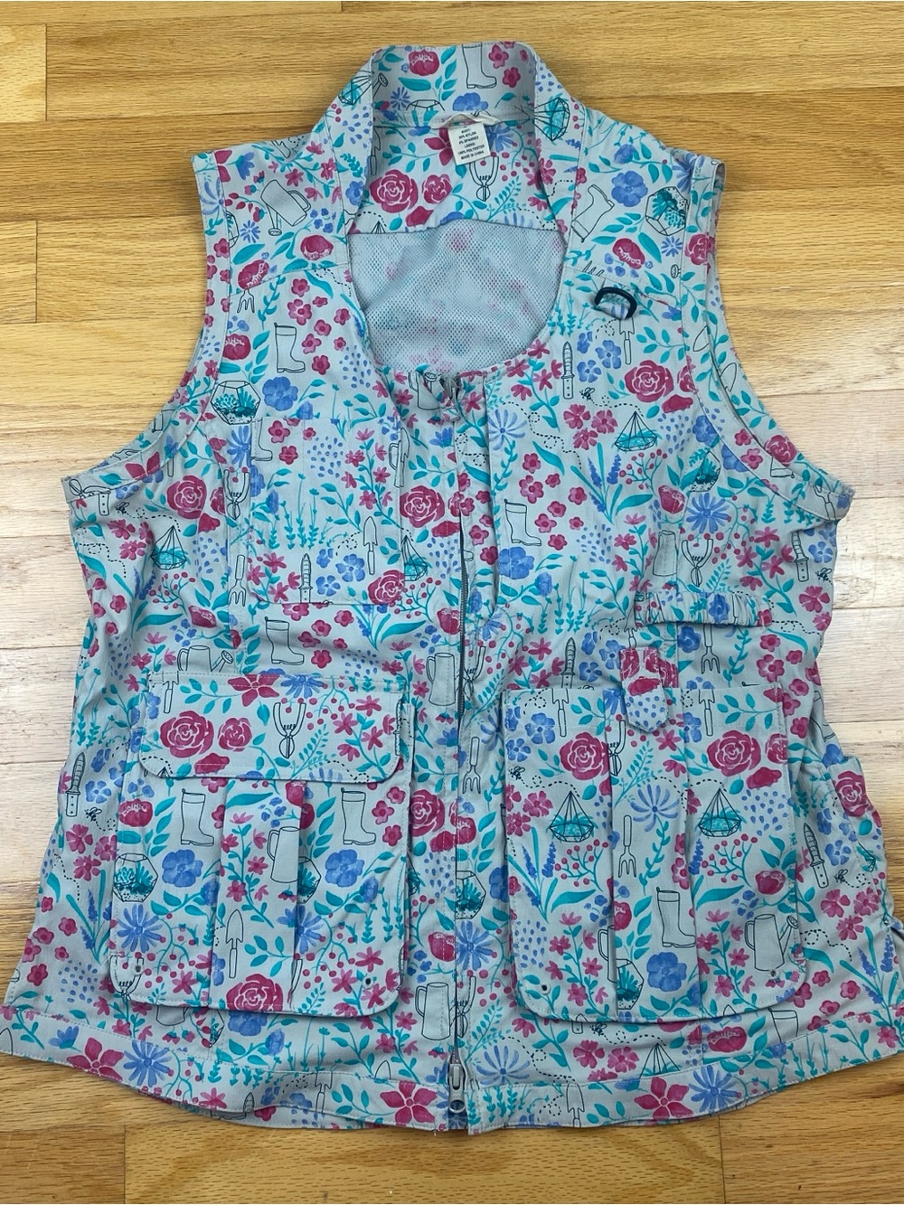 Duluth Trading Gardening Vest Gray/Florals Heirloom Tools Utility Top Size Large
